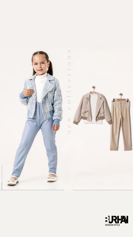 طقم بناتي شتوي 3 قطع / چولف  وجكيت مع بنطلون جلد مبطن